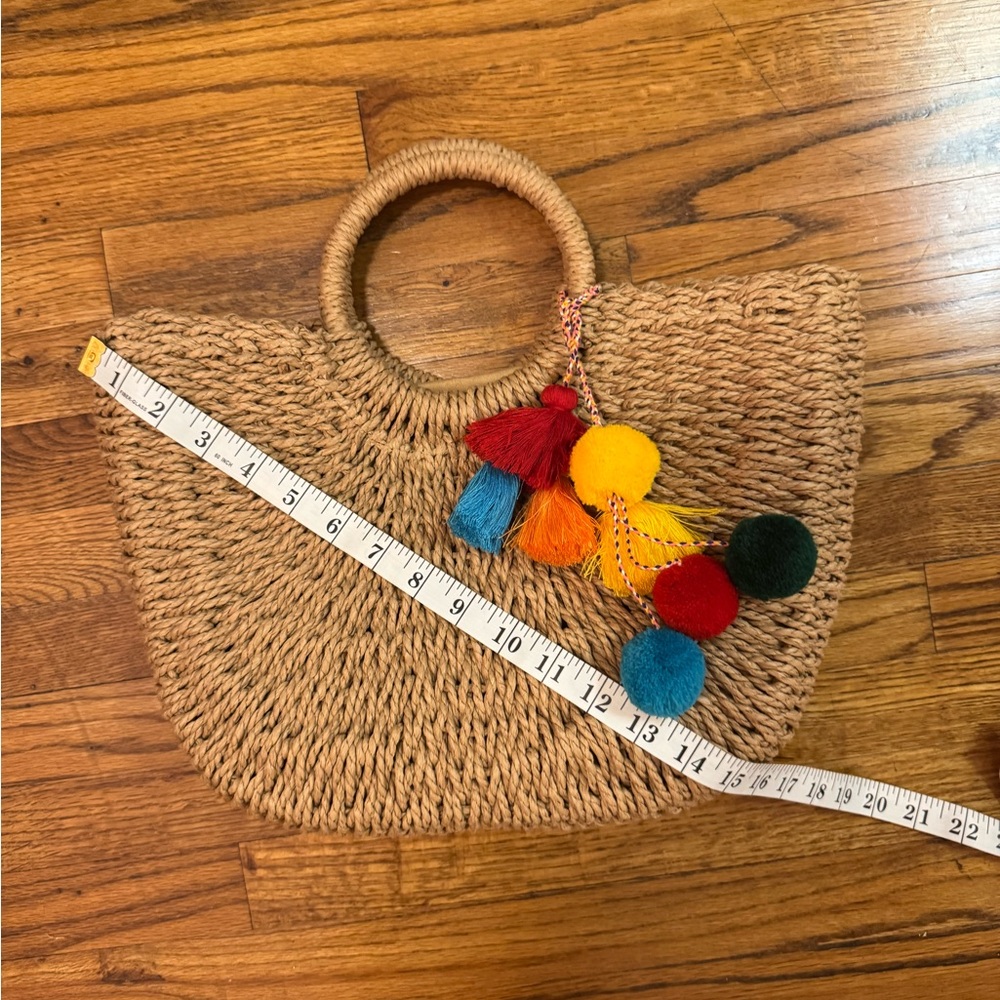 Woven straw basket bag top handle with pom pom detail brand new